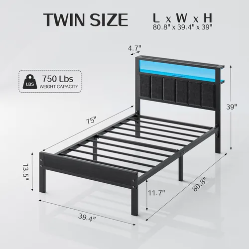 Vista 2 de OLEVS Base de cama individual con luces LED y salidas USB, cama individual de plataforma con cabecera de almacenamiento, no necesita somier, fácil