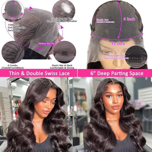 Vista 4 de Pelucas de cabello humano ondulado con encaje frontal de 13 x 6 pulgadas, prearrancado, densidad del 180%, peluca frontal de encaje HD, pelucas