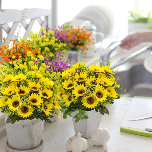 Vista 3 de Grunyia Flores artificiales, girasoles falsos, 4 piezas de flores de seda sintética, centros de mesa florales, arreglos para el hogar, cocina