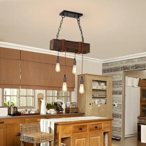 Vista 7 de KEESFU 4 luces colgantes de granja para isla de cocina, luz colgante de techo de madera rústica, altura ajustable, lámpara de comedor para isla