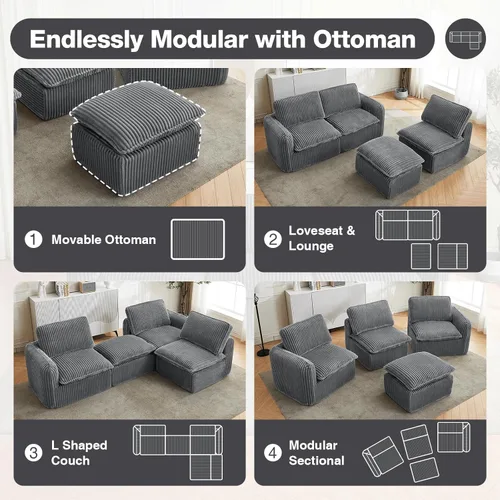 Vista 5 de Sofá modular sin hueso de 110 pulgadas para sala de estar, cómodo sofá modular de nube con otomana, sofás convertibles en forma de L para Gris