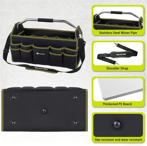 Vista 5 de Bolsas de herramientas plegables de boca abierta de 20 pulgadas para hombres de servicio pesado, portaherramientas rígido con asa, bolsa