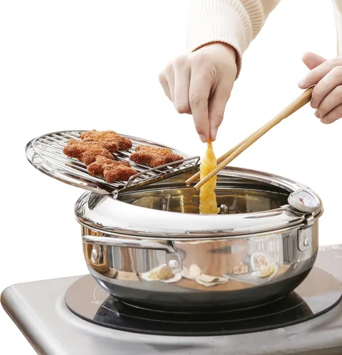 Saltlas Olla Freidora Profunda (°C), Olla de Freír Tempura Extra Grande de 11"/4.4Qt (4.2 L) con Tapa, Olla de Acero Inoxidable 304 con Control de