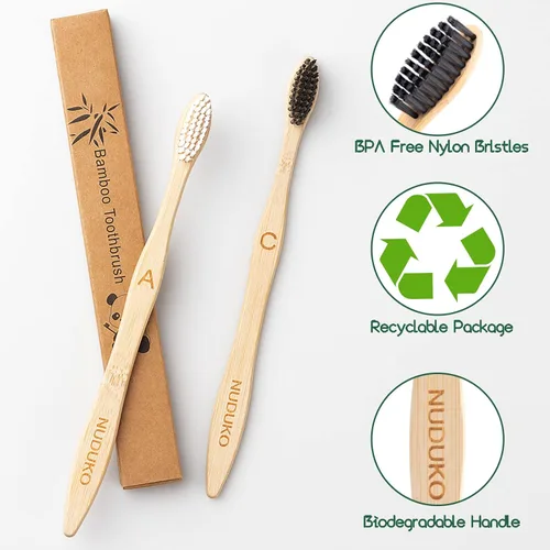 Vista 2 de NUDUKO Cepillos de dientes de bambú biodegradables, paquete de 10 unidades, ecológico, cepillo de dientes de madera natural, sin BPA
