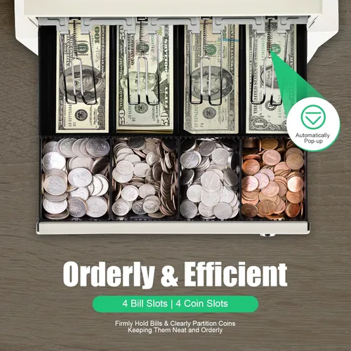 Vista 4 de Caja registradora electrónica con cajón para pequeñas empresas Sistema POS 48 teclas Pantalla LED 4 billetes/4 monedas Cajón de efectivo integrado e