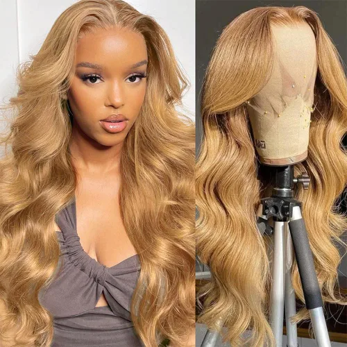 Vista 4 de UMEGOOD - Peluca de cabello humano rubio miel de 200 % de densidad, 13 x 6 HD, transparente, encaje frontal, cabello humano prearrancado de 13 x 6