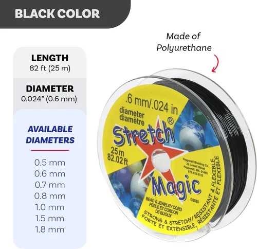 Vista 3 de Cordón elástico para cuentas Stretch Magic – Color negro, 0.6mm de diámetro, 25 metros (82 pies) - Fácil de anudar, cuerda fuerte y elástica