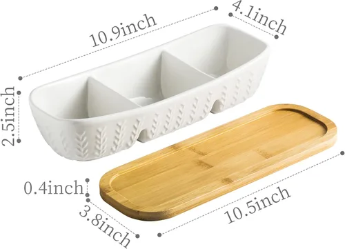 Vista 2 de Miamolo Bandeja de condimentos de 3 compartimentos, recipiente para patatas fritas y salsa con bandeja de madera para servir, perfecto