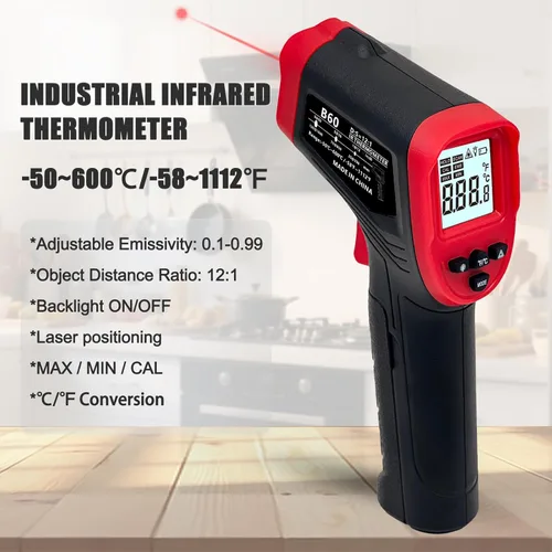 Vista 2 de Pistola termómetro digital infrarroja para cocinar, pistola de temperatura láser de -58 a 1112 °F con emisividad ajustable y máximo y mínimo