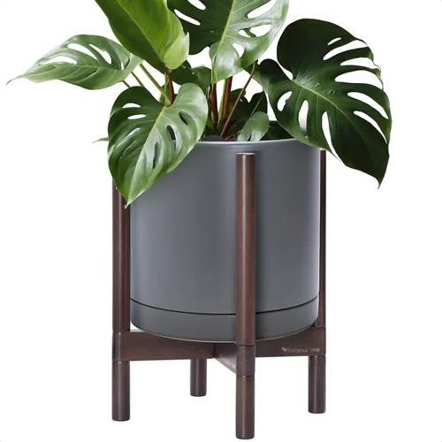 Vista 86 de D'vine Dev Maceta de cerámica con soporte de ébano – Maceta redonda moderna de 8 pulgadas con soporte para maceta de madera, color negro, 55-B-M-2