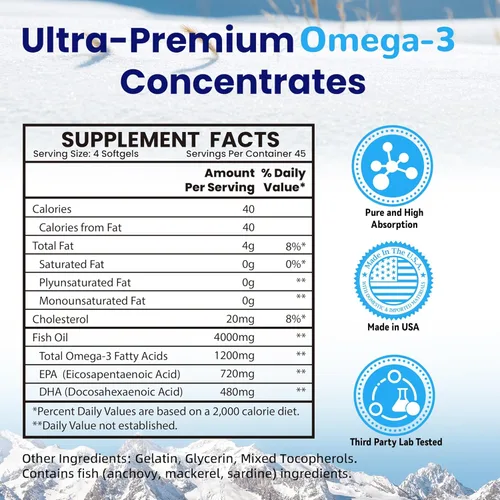 Vista 2 de Aceite de pescado Omega 3 (4000 mg), 180 cápsulas blandas, suplementos de ácidos grasos Omega 3 con EPA y DHA para la salud del cerebro y el corazón*