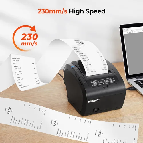 Vista 3 de MUNBYN Impresora POS, Impresora de Recibos USB Ethernet 80MM Impresora Térmica P047, Impresora a, Negro Supermercado POS Cocina Impresora