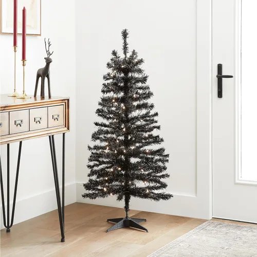 Vista 4 de árbol de Navidad, de 4 pies, con hojas de espumillón azules, soporte plástico y 70 luces claras (TT33-304-40), de National Tree Negro