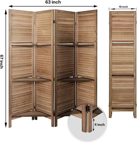 Vista 2 de ECOMEX Pantalla separadora de ambientes de madera de 4 paneles, pantalla de privacidad plegable independiente con estantes (marrón)