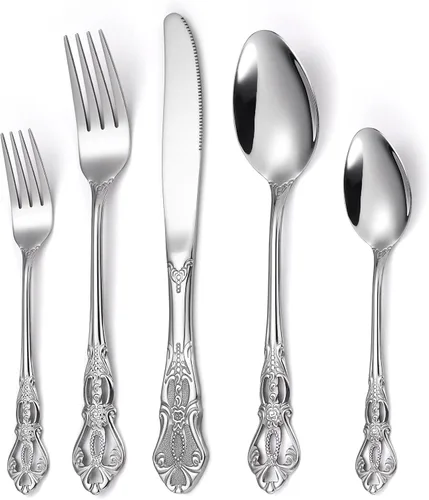 Vista 20 de Juego de cubiertos dorados de 20 piezas con tenedor para pastel, juego de cubiertos de acero inoxidable para 4, utensilios de cocina con mango