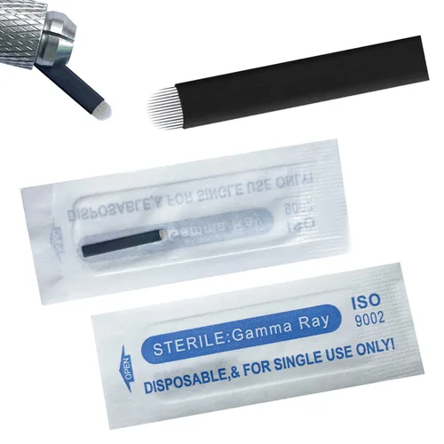 Vista 9 de Agujas de microblading de 0.007 in, agujas desechables de tatuaje de cejas para máquina de maquillaje permanente Manual de suministros (Negro S7)