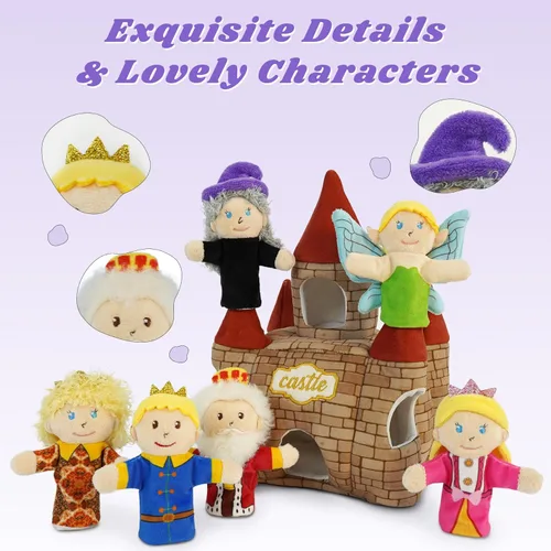 Vista 3 de 7 marionetas de dedo de cuento de hadas, juego de 10 cm de marionetas de dedo de cuento de hadas de felpa suave para niños con castillo, marionetas