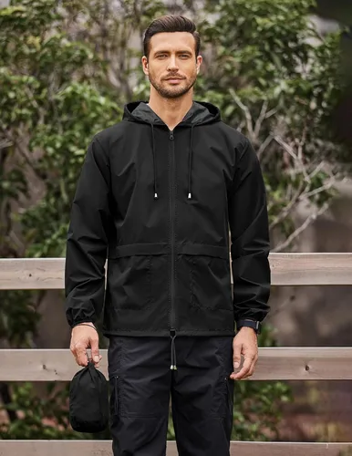 Vista 2 de COOFANDY Chaqueta impermeable para hombre, ligera, impermeable, con capucha, equipo de lluvia, viajes, senderismo, ciclismo