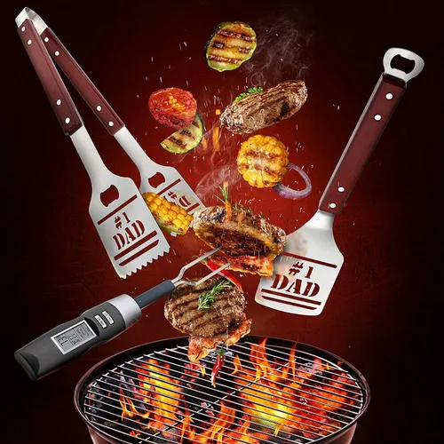 Vista 6 de Panoware Juego de herramientas para parrilla de barbacoa para papá, juego de 4 piezas, pinzas número 1 para papá, espátula, termómetro digital