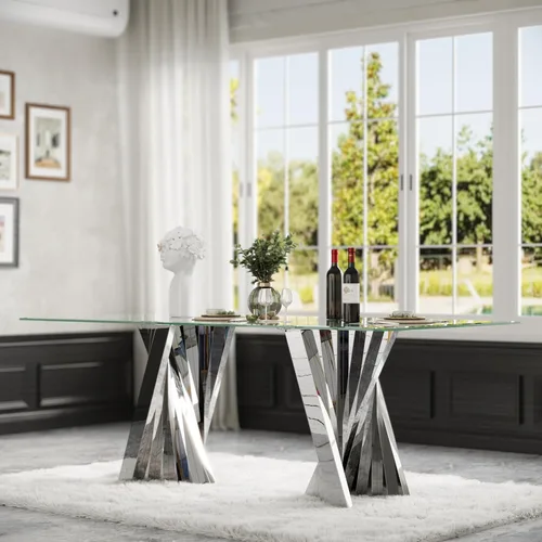 Vista 7 de Mesa de comedor de cristal, mesa de cocina rectangular plateada de Plateado