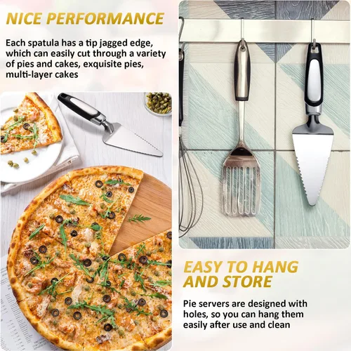 Vista 5 de Juego de 10 espátulas de pizza para tartas, de acero inoxidable, espátula de pizza, cortador de tartas, servidor dentado, tarta de postre con mango