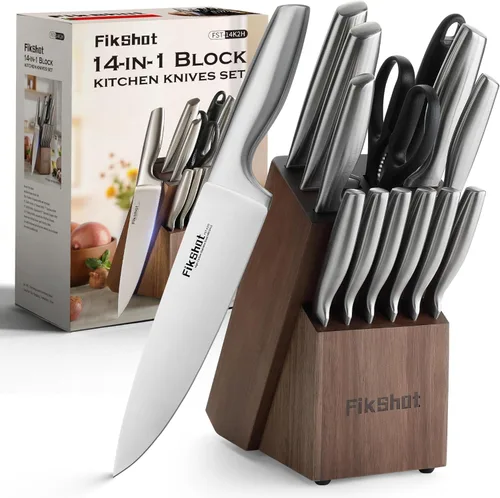 Vista 10 de Juego de Cuchillos de Cocina, FIKSHOT Juego de Cuchillos de Acero Inoxidable Premium con Bloque, Cuchillo Santoku Súper Afilado y Cuchillos