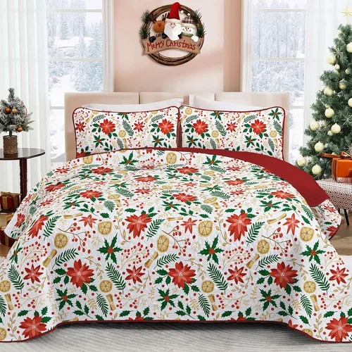 DJY Juego de colcha navideña tamaño queen con diseño de Nochebuena, hojas de acebo y ramas de siempreviva, ropa de cama navideña, edredón acolchado