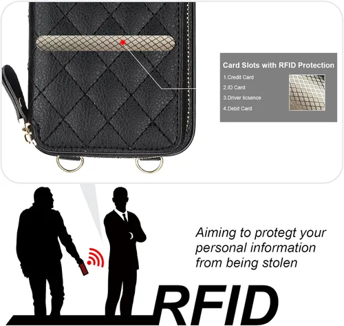 Vista 3 de Bocasal Funda tipo cartera cruzada para iPhone 15 Pro Max, con bloqueo RFID, de piel sintética, con cremallera, funda tipo cartera con función atril