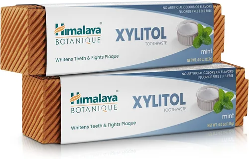 Himalaya Botanique Whitening Pasta dental antiplaca con xilitol, sin flúor, para reducción de placa y blanqueamiento suave, 4 onzas, paquete de 2
