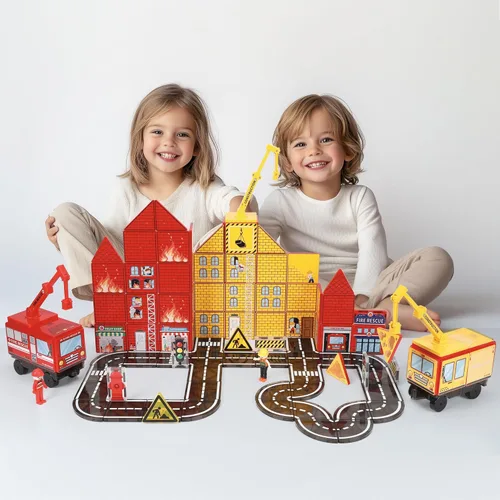 Vista 4 de MEGAGONTILES Juego de 60 azulejos magnéticos para estación de bomberos Bloques de construcción magnéticos STEM con camiones de bomberos y grúas