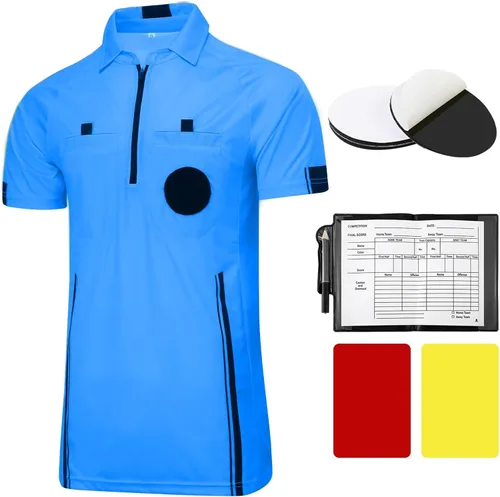 Camiseta Jersey de Árbitro de Fútbol Profesional de Manga Corta Disfraz de Árbitro Uniforme con Portainsignia, Cartera de Árbitro, Tarjetas Rojas y