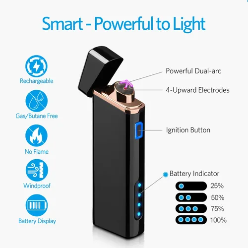 Vista 2 de Encendedor eléctrico de arco recargable por USB, resistente al viento, sin llama, encendedor de plasma con indicador de batería (actualizado)