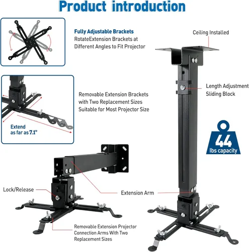 Vista 5 de Proyector universal para montaje en techo o pared, color negro con brazos extensibles, altura ajustable de 16.9 a 25.6 pulgadas, soporte con bracket