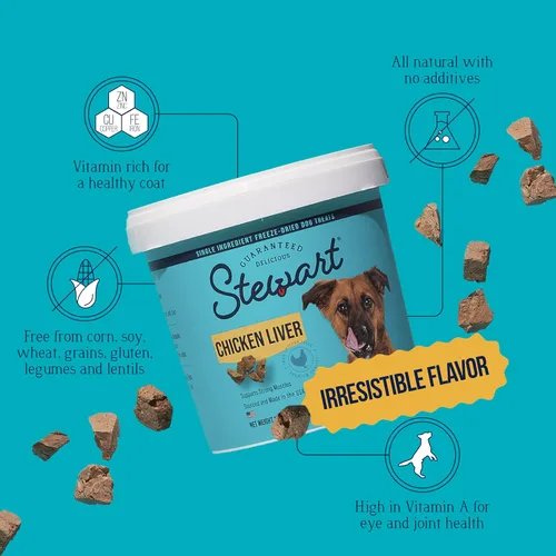 Vista 5 de Golosinas de hígado de pollo para perros Stewart, 42.5 g, ~25 piezas, liofilizadas crudas, de un solo ingrediente, con 60% de proteína