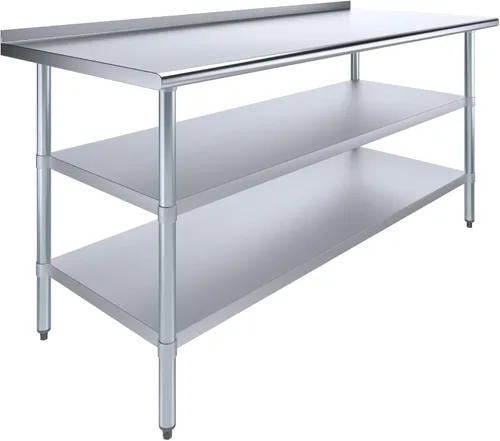 Vista 13 de AmGood Mesa de trabajo de acero inoxidable con protector contra salpicaduras de 1.5 pulgadas y 2 estantes Mesa de cocina de metal para preparación