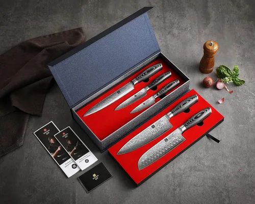 Vista 9 de XINZUO Cuchillo de cocina de 5 piezas, juego de cuchillos de chef profesional de acero de Damasco súper afilado con mango de madera de Pakkawood