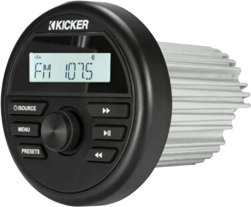 Vista 2 de Kicker KMC2 Marine Gauge Style AM/FM Radio Receptor estéreo Media Player Bundle Combo con Enrock USB/AUX a RCA Interfaz Mount Cable, 45" Radio