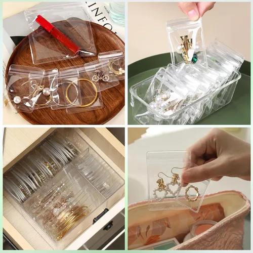 Vista 4 de Paquete de 100 bolsas de plástico transparente de PVC con cremallera antioxidación antidecoloración para embalaje de joyas, anillos, aretes, bolsa