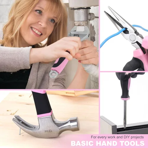 Vista 6 de FASTPRO Juego de herramientas rosa, 220 piezas Lady's Home Repairing Tool Kit con 12 pulgadas de ancho boca abierta bolsa de herramientas