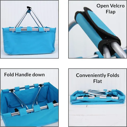 Vista 7 de Threadart Cesta plegable grande de mercado, natural, marco de aluminio, tela de poliéster, práctico diseño plano plegable, bolsa de compras