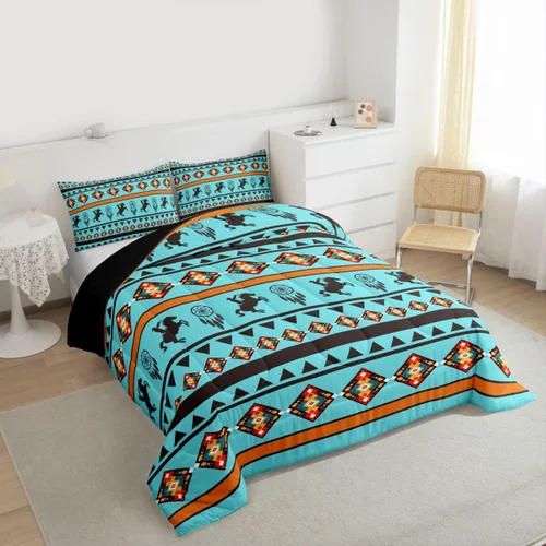 Vista 4 de Juego de edredón de caballo vaquero occidental, juego de ropa de cama bohemio atrapasueños tamaño individual, juego de ropa de cama azteca tribal