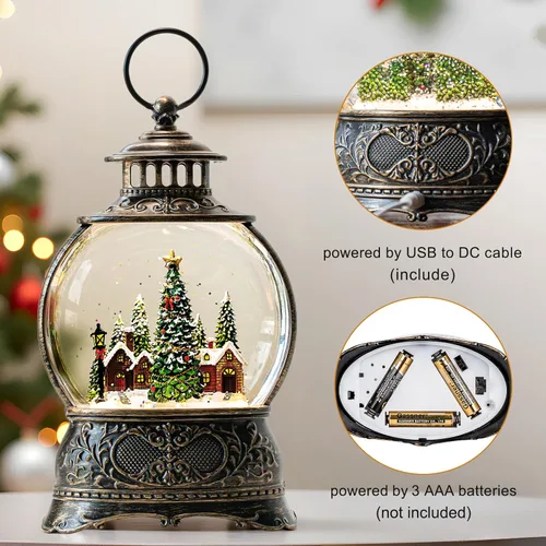 Vista 3 de Globos de Nieve Navideños Linterna de Agua con Aldea de Árbol de Navidad, Música y Temporizador de 6H, USB con Cable/Funciona con Batería, Linternas