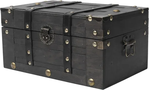 DECOR4SEASON Cofre del tesoro de madera vintage (11 x 7.1 x 5.5 pulgadas), caja pirata decorativa con tapa resistente con bisagras, baúl de Negro