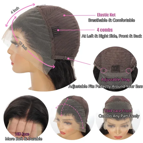 Vista 5 de Pelucas de 30 Pulgadas con Malla Frontal de Onda Profunda de Cabello Humano 180% de Densidad 13x4 Pelucas de Malla Frontal HD Transparente