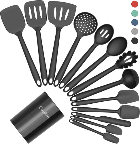 Vista 14 de Coukre Juego de utensilios de cocina de silicona con soporte, resistentes al calor, herramientas de cocina de grado alimenticio, espátula, cuchara