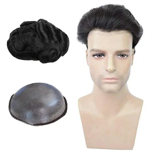 Piezas de cabello humano para hombre, tupé, piel suave y fina con nudo en V de 0.001 in, sistema de reemplazo de cabello de 8 x 10 pulgadas, color