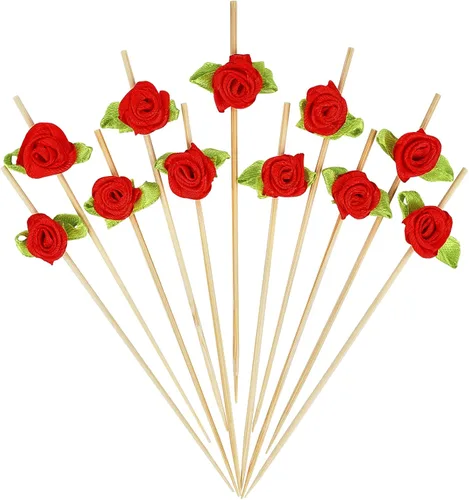 Vista 11 de Minisland Palillos de cóctel de flores de rosas multicolores, palillos de bambú de 4.7 pulgadas de largo para aperitivos, despedida de soltera