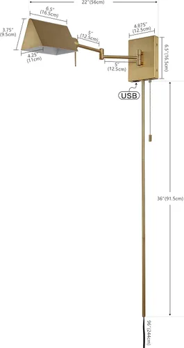 Vista 4 de JONATHAN Y Aplique de pared con brazo oscilante dorado de latón de 22 pulgadas, enchufable o cableado con puerto de carga USB y cadena de tracción