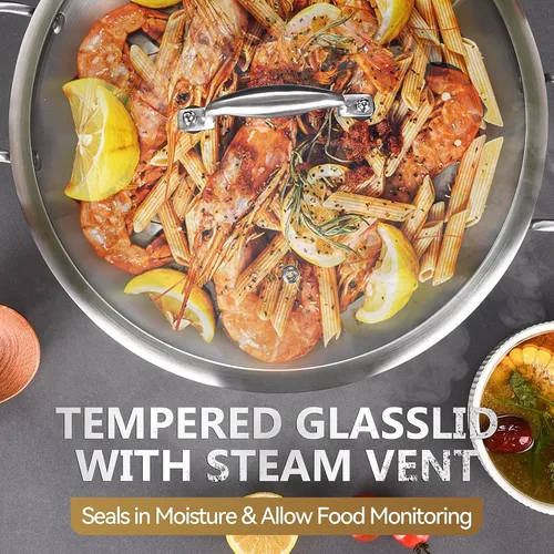 Vista 6 de LOLYKITCH Sartén Salteadora de Acero Inoxidable Tri-Capa de 7 Cuartos con Tapa, Sartén para Freír Profunda de 12 Pulgadas, Sartén Grande, Cocinero