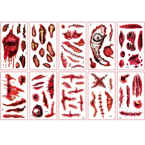 Vista 8 de 10 hojas de tatuajes de cicatrices de Halloween, de terror, realista, de hendidura y sangrienta, cicatriz de puntada de cicatriz falsa, impermeable